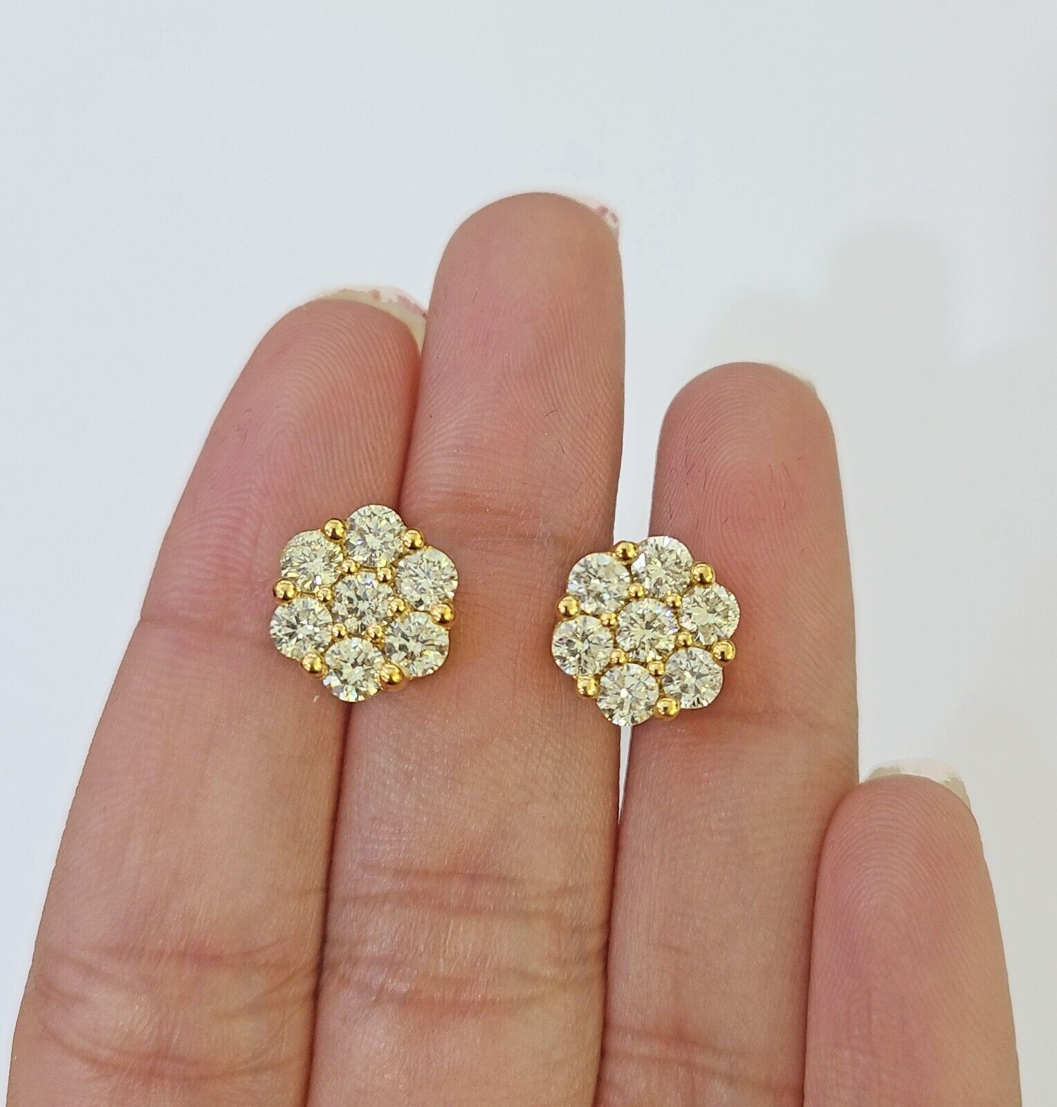 10k Yellow gold Flower Earrings Real Diamond screw - back Women Men studs - GoldenlinQ